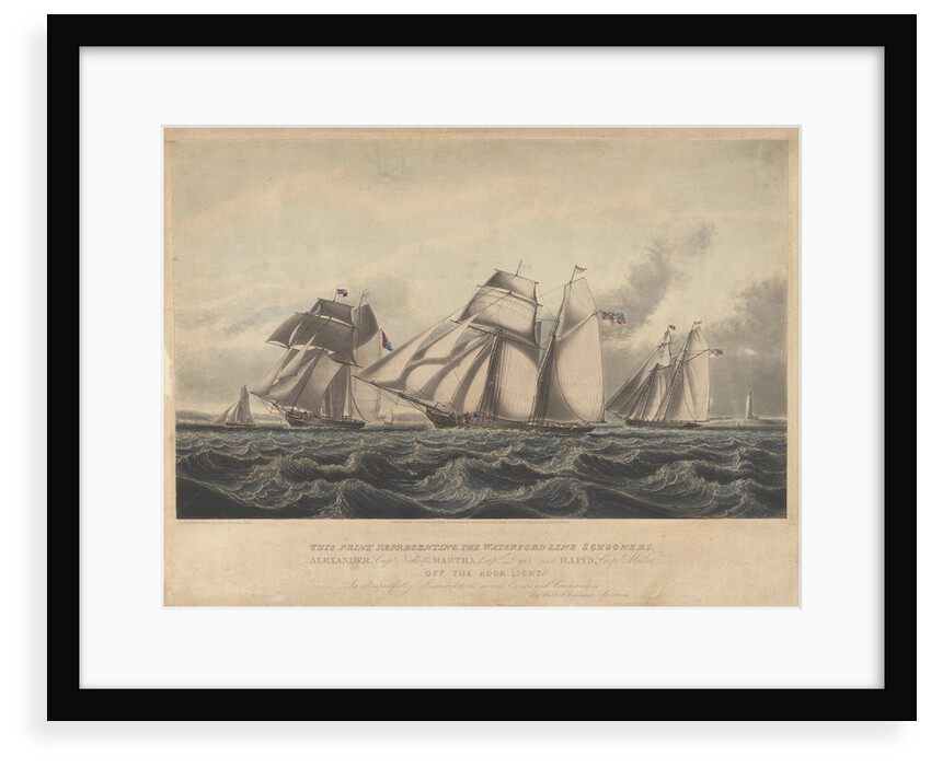 This Print representing the Waterford Line Schooners, Alexander..., Martha... and Rapid... off the Hook Light by John Lynn