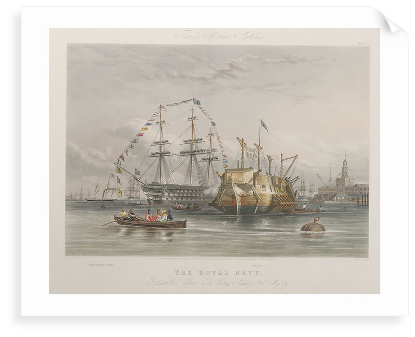 The Royal Navy. Portsmouth Harbour - the 'Victory' saluting Her Majesty (with) HMY 'Fairy' and 'Dryad' by Thomas Sewell Robins