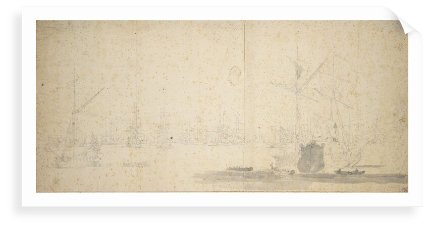 English yachts and a fleet at anchor by Willem van de Velde the Elder