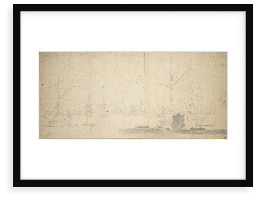 English yachts and a fleet at anchor by Willem van de Velde the Elder