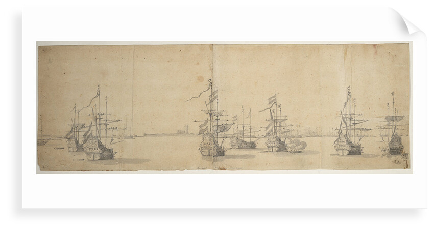 Dutch ships at anchor off a low shore by Willem van de Velde the Elder