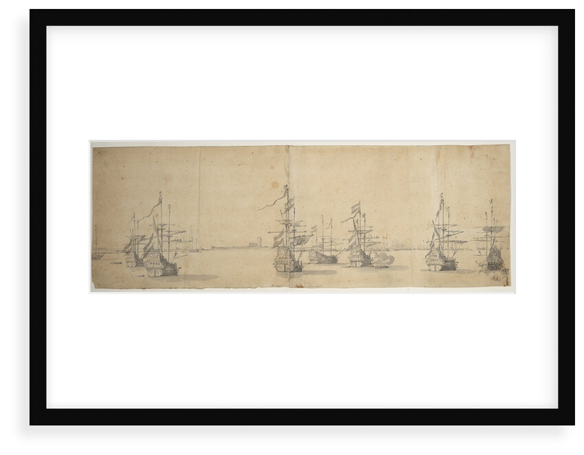 Dutch ships at anchor off a low shore by Willem van de Velde the Elder