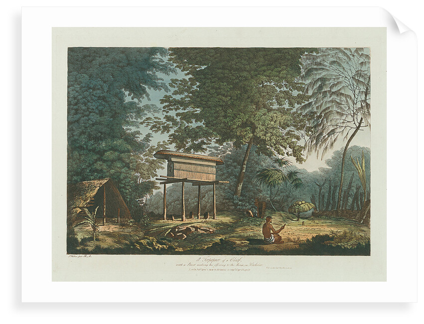 A Toopapaoo of a Chief, with a Priest making his offering to the Morai, in Huoheine by John Webber