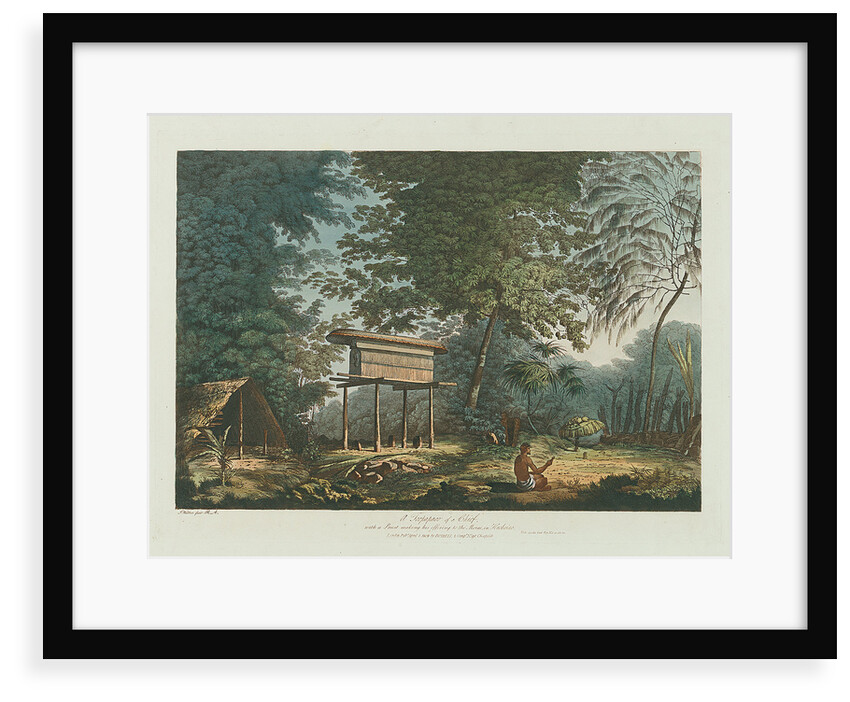 A Toopapaoo of a Chief, with a Priest making his offering to the Morai, in Huoheine by John Webber