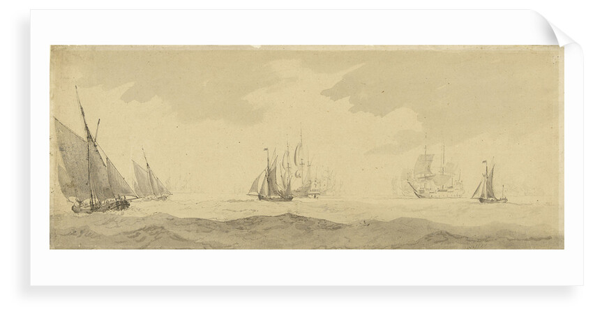 Small vessels in a fresh breeze with a distant fleet, circa 1673, with later additions by Charles Gore by Willem Van de Velde the Younger