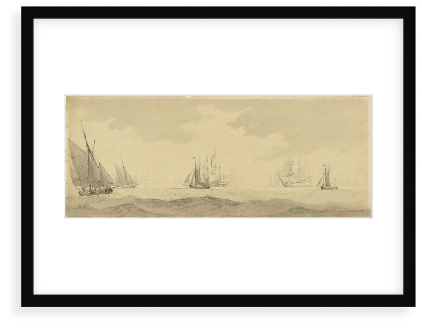 Small vessels in a fresh breeze with a distant fleet, circa 1673, with later additions by Charles Gore by Willem Van de Velde the Younger