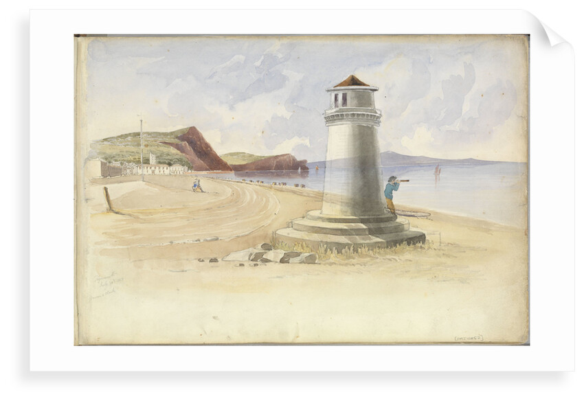Scene at Teignmouth, with a figure looking out to sea leaning up against a beacon by George Pechell Mends