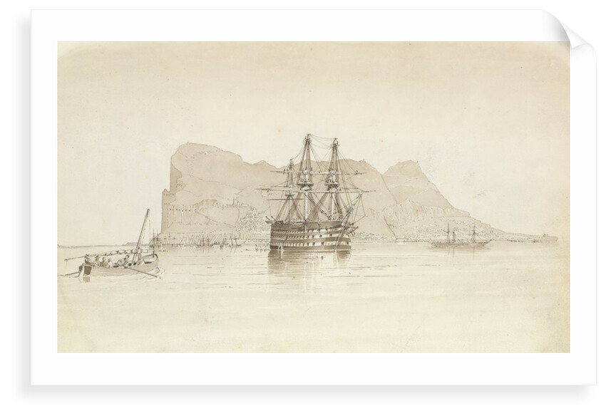 Gibraltar, with HMS 'Trafalgar' at anchor, a Spanish smuggling boat and the steamer 'Oberon', 26 August 1851 by George Pechell Mends