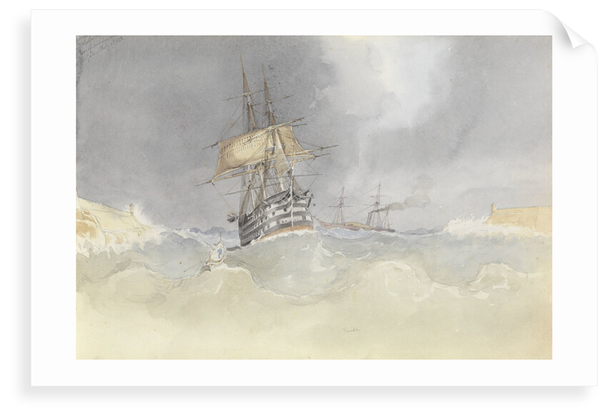 HMS 'Trafalgar' sailing into Malta Harbour with loss of  her rudder head after a gale, 9 February 1852 by George Pechell Mends