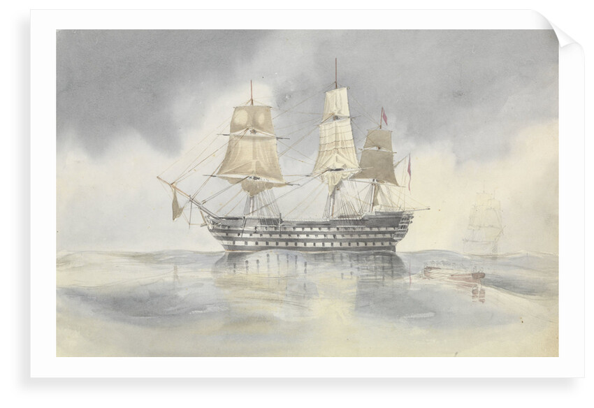 'Britannia' hove to in a calm to receive a boat, probably near Cape Carthage, flying the flag of Rear-Admiral Dundas, 27 April 1852 by George Pechell Mends