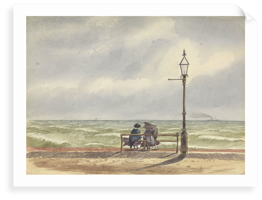 Coastal scene in poor weather, with two women seated on a promenade bench under a lamp post, one with an umbrella, looking out to sea by George Pechell Mends