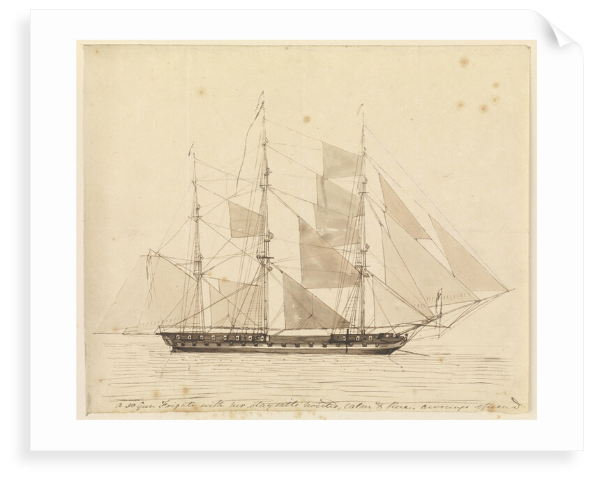 A 50-gun frigate with her staysails hoisted, calm and fine, awnings spread by John Christian Schetky