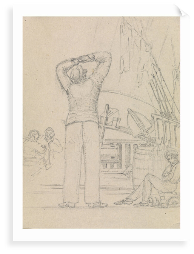 Deck scene with men relaxing and another looking up to the rigging by Robert Streatfeild