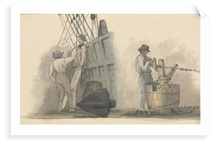 Two deck scenes, two men relaxing on deck, and a man working a winding handle fixed on a barrel by Robert Streatfeild