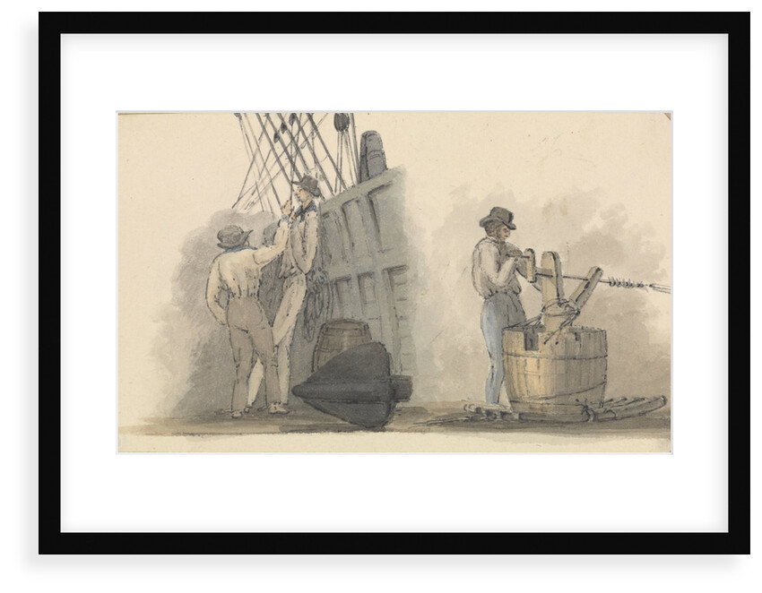 Two deck scenes, two men relaxing on deck, and a man working a winding handle fixed on a barrel by Robert Streatfeild