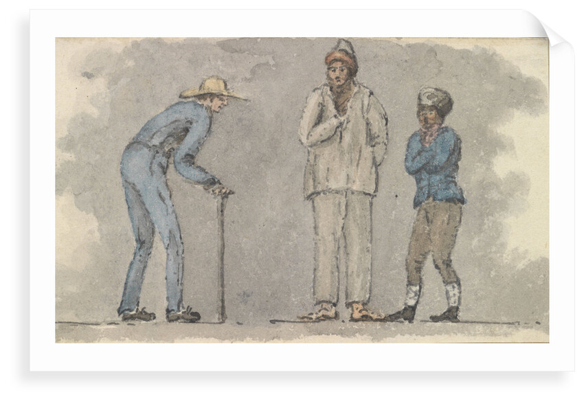 Three male figures, one bent over using a walking stick by Robert Streatfeild