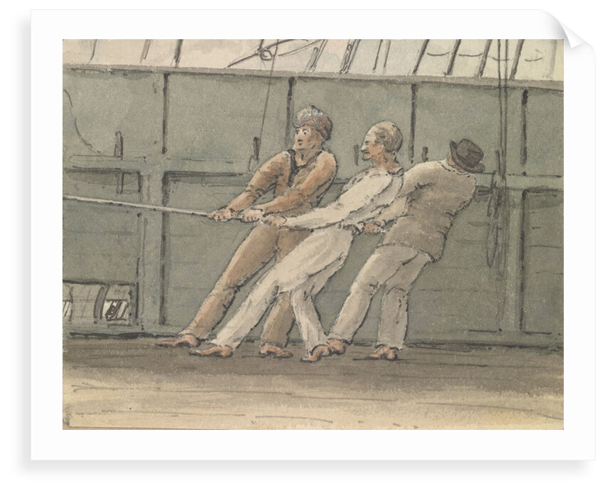 Deck scene with three men hauling on a rope by Robert Streatfeild
