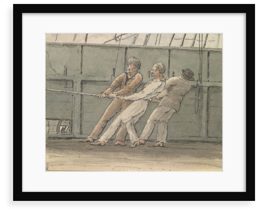 Deck scene with three men hauling on a rope by Robert Streatfeild