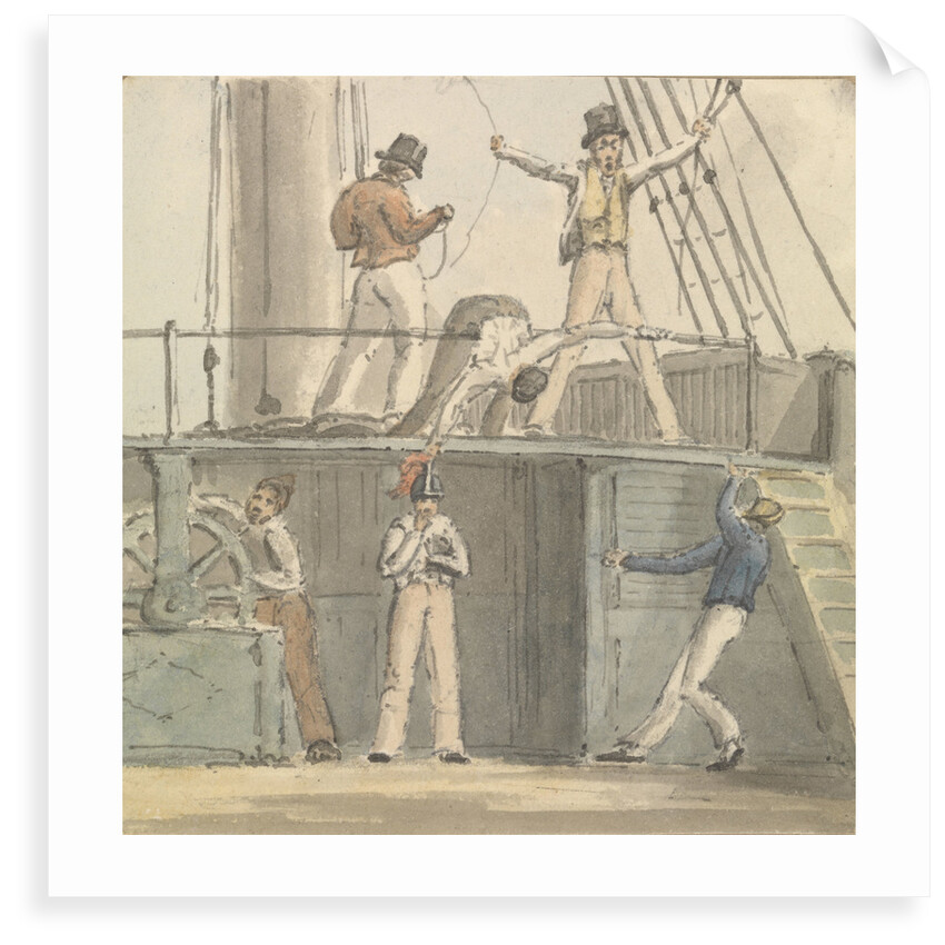 Deck scene with six figures including one steering at the ship's wheel by Robert Streatfeild