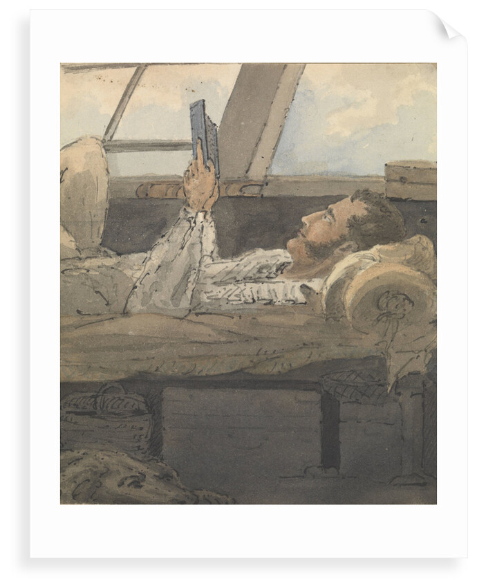 Cabin scene with man lying down reading a book by Robert Streatfeild