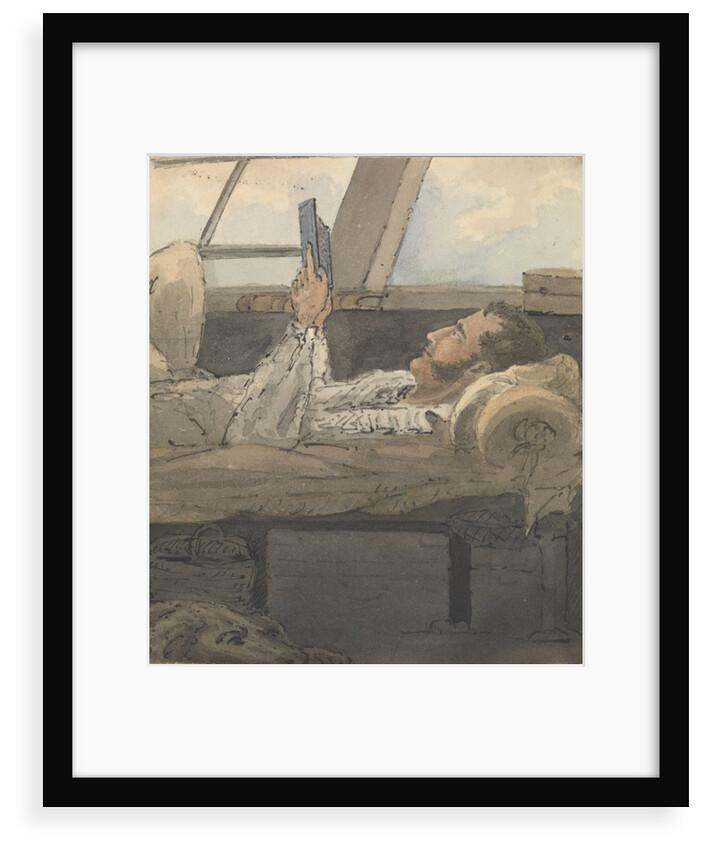 Cabin scene with man lying down reading a book by Robert Streatfeild