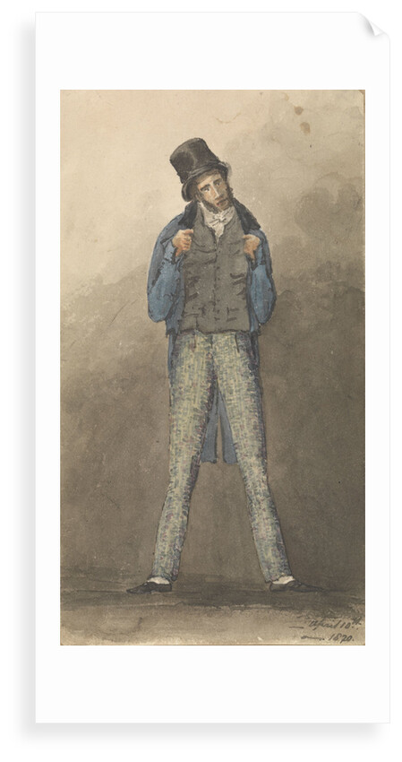 Man standing with legs astride, wearing black hat, blue jacket and tweed trousers by Robert Streatfeild