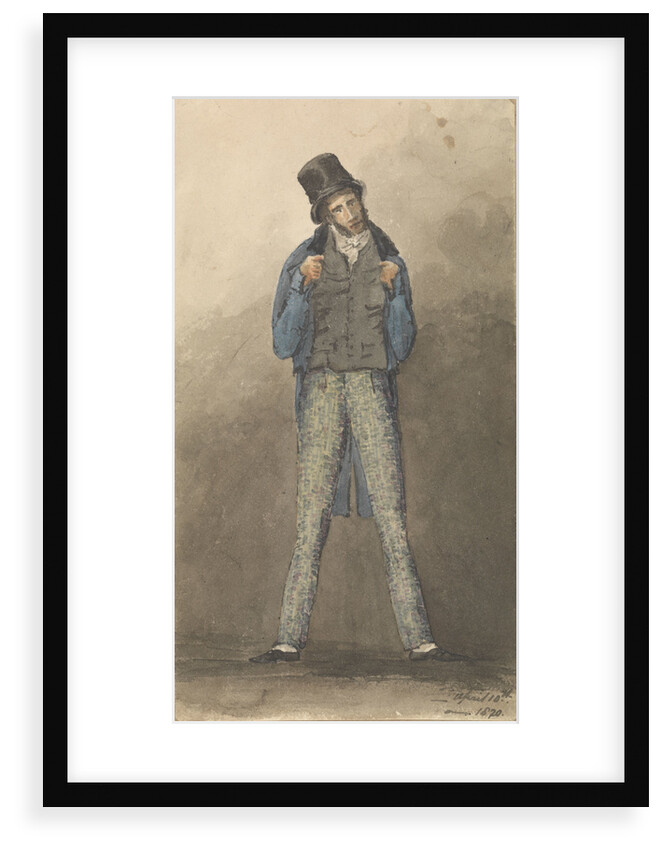 Man standing with legs astride, wearing black hat, blue jacket and tweed trousers by Robert Streatfeild