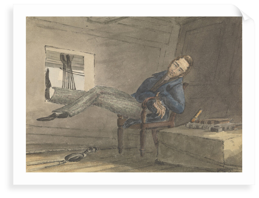 Cabin scene, man relaxing in a chair, with his feet up by Robert Streatfeild