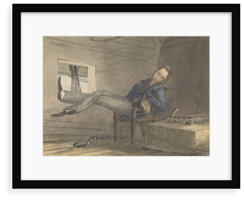 Cabin scene, man relaxing in a chair, with his feet up by Robert Streatfeild