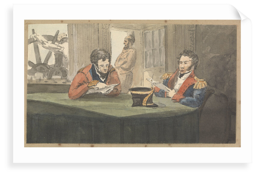 A cabin scene with two army officers sitting and reading at a table by Robert Streatfeild
