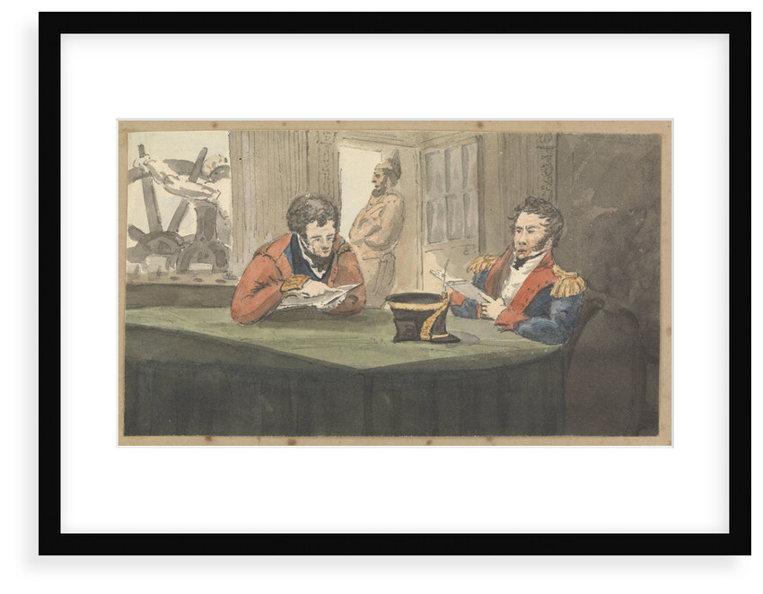 A cabin scene with two army officers sitting and reading at a table by Robert Streatfeild