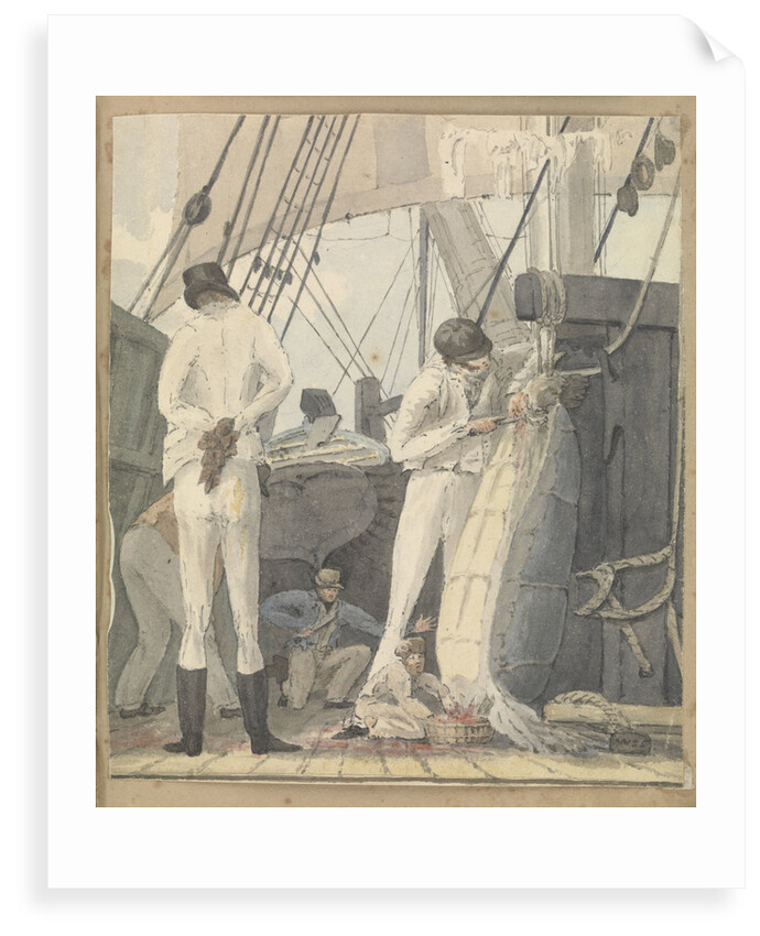 A deck scene with four men and a boy cutting open a turtle by Robert Streatfeild