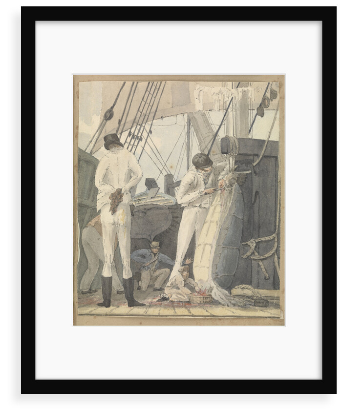 A deck scene with four men and a boy cutting open a turtle by Robert Streatfeild