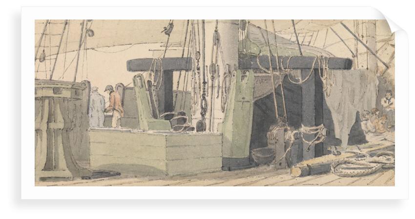 Deck scene showing capstan, mast and ropes, with sailors relaxing in the background by Robert Streatfeild
