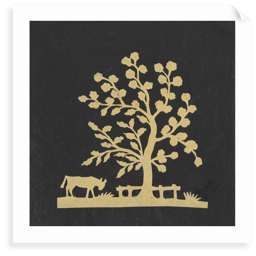 Silhouette of a tree and cow, cut out and stuck on a black background by unknown