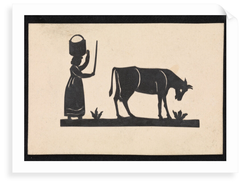 Silhouette of a woman with basket on her head, and a cow grazing, cut out and stuck on white background by unknown