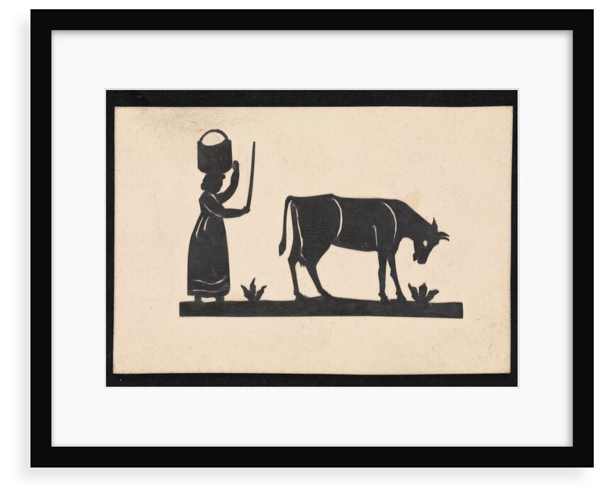 Silhouette of a woman with basket on her head, and a cow grazing, cut out and stuck on white background by unknown