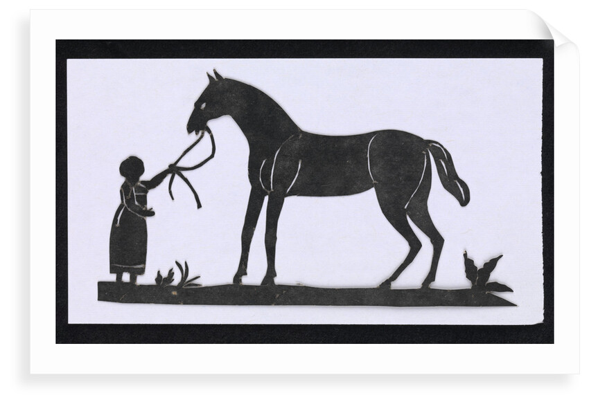 Silhouette of a woman leading a big horse, cut out and placed on white backround by unknown