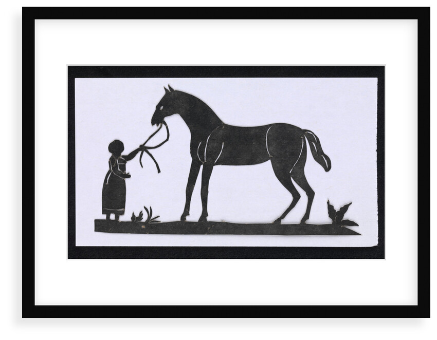 Silhouette of a woman leading a big horse, cut out and placed on white backround by unknown