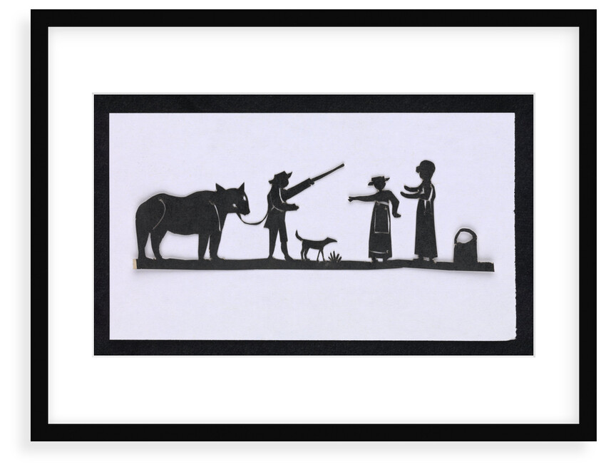 Silhouette of a man leading a bear with a dog meeting up with two women, cut out and placed on yellow backround by unknown
