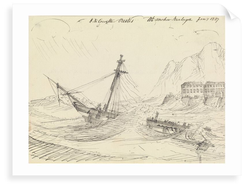 Corvette HMS 'Orestes' at anchor in a storm at Malaga by William Hay Wardrop