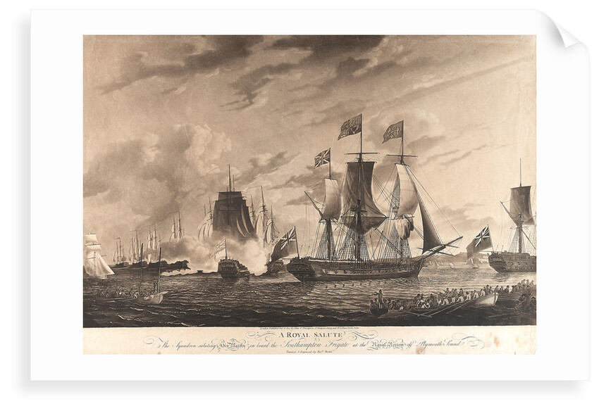 A Royal Salute; The squadron saluting his Majesty on board the 'Southampton' Frigate at the Royal review off Plymouth Sound (1789) by Robert Dodd