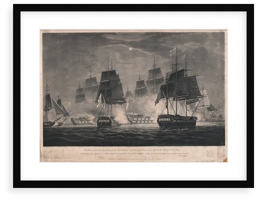 This Print, representing the Defeat of the Squadron of Don Miguel, on the night of the 10th of Octr off Vigo. Is dedicated...to Her Most Faithful Majesty, Donna Maria 2nd... by William John Huggins