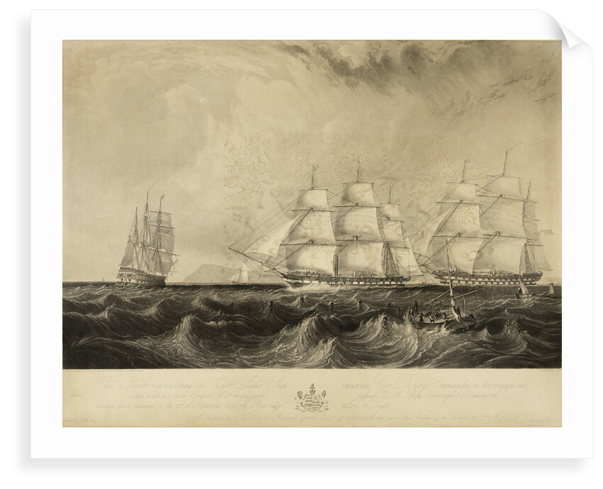 This print representing the East India Ship 'Vernon', Geo. Denny, Commander, on her voyage out, fitted with a Steam Engine of 30 horse power, passing HM ships Edinburgh & Blenheim 74 beating down Channel on the 21st of September 1839 off Benbridge [sic, i by W. O. Geller
