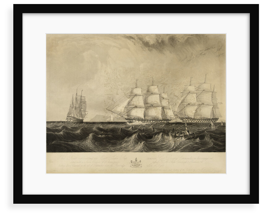 This print representing the East India Ship 'Vernon', Geo. Denny, Commander, on her voyage out, fitted with a Steam Engine of 30 horse power, passing HM ships Edinburgh & Blenheim 74 beating down Channel on the 21st of September 1839 off Benbridge [sic, i by W. O. Geller