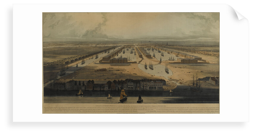 An elevated view of the West India Docks by William Daniell