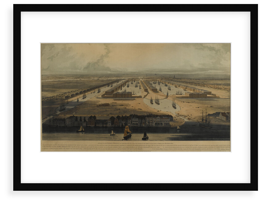 An elevated view of the West India Docks by William Daniell