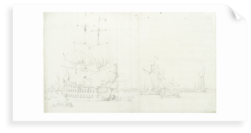 An English third-rate drying sails and several galliots becalmed off Greenwich by Willem van de Velde the Elder