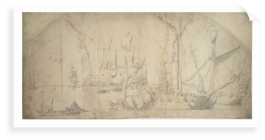 An English yacht at anchor furling sail by Willem van de Velde the Elder