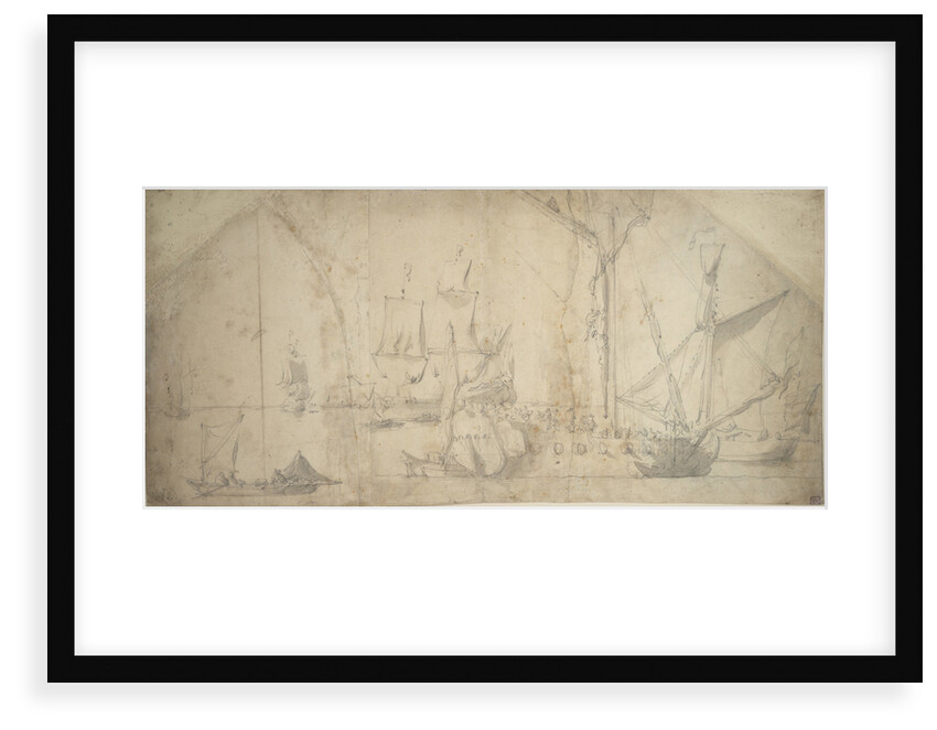 An English yacht at anchor furling sail by Willem van de Velde the Elder